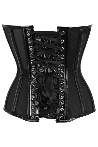Top Drawer Black Mesh Net w/Patent Steel Boned Overbust Corset.
