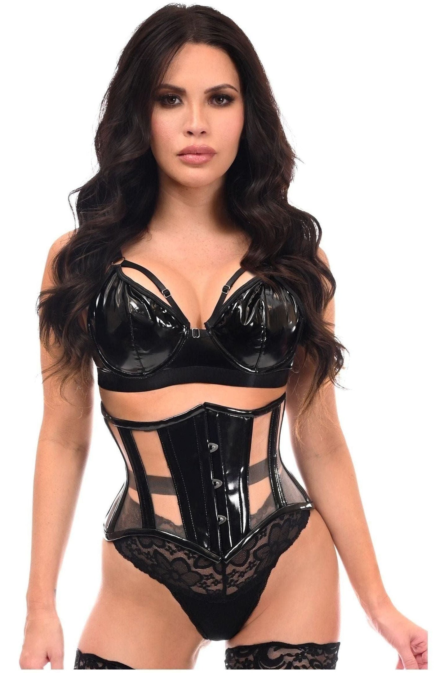 Top Drawer Black Patent & Blush Beige Mesh Steel Boned Mini Cincher Under Bust Corset