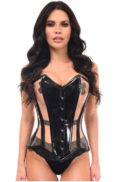 Top Drawer Black Patent & Nude Mesh Steel Boned Overbust Corset.