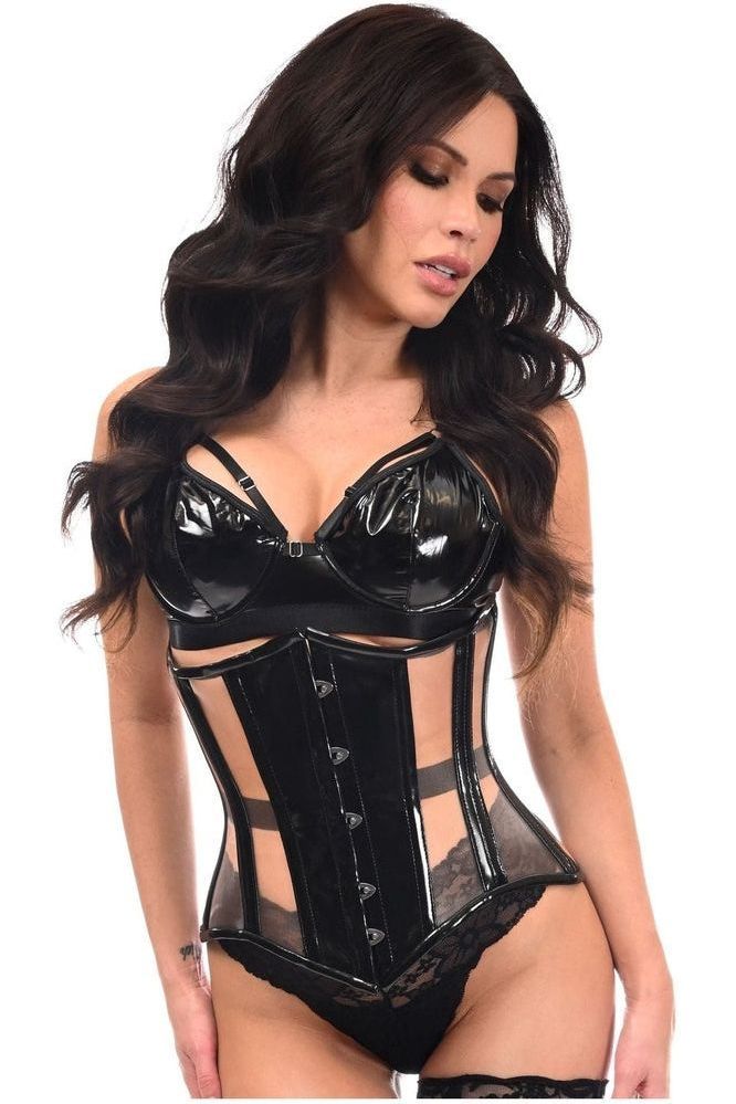 Top Drawer Black Patent & Blush Beige Mesh Steel Boned Under Bust Corset