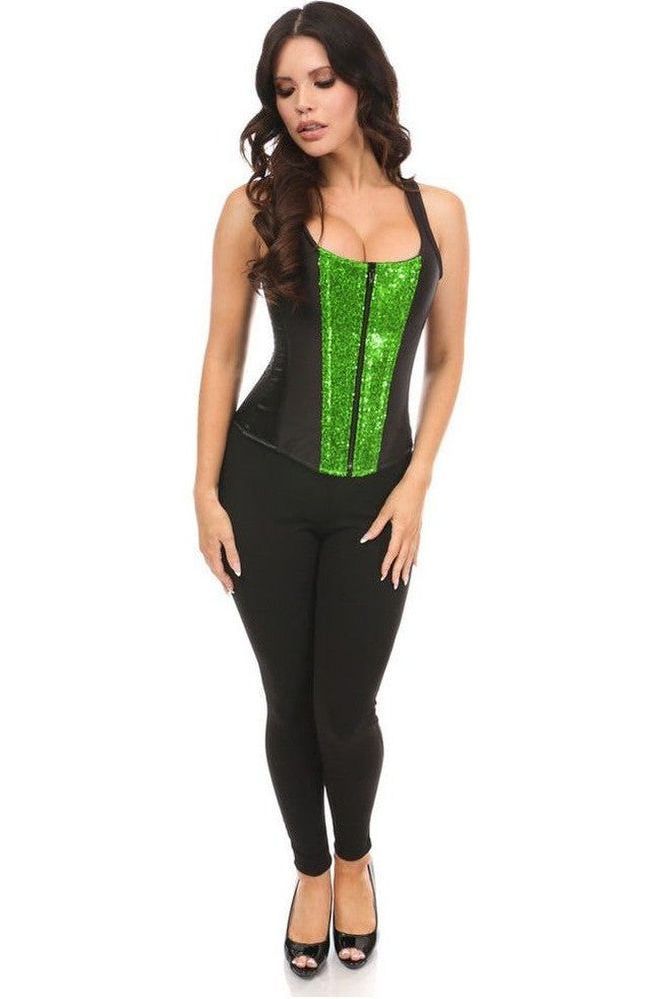 Top Drawer Black Satin & Green Sequin Steel Boned Corset w/Straps