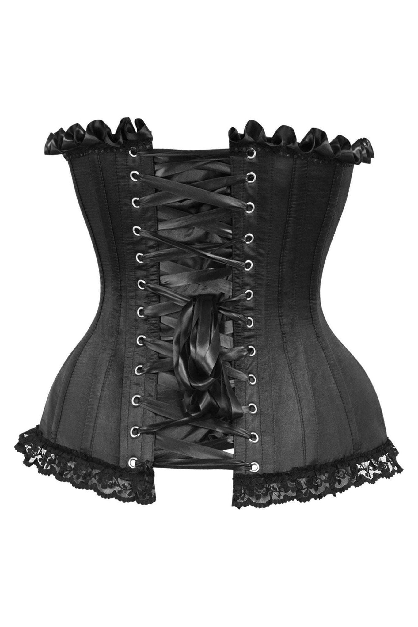 Top Drawer Black Satin Steel Boned Overbust Corset.