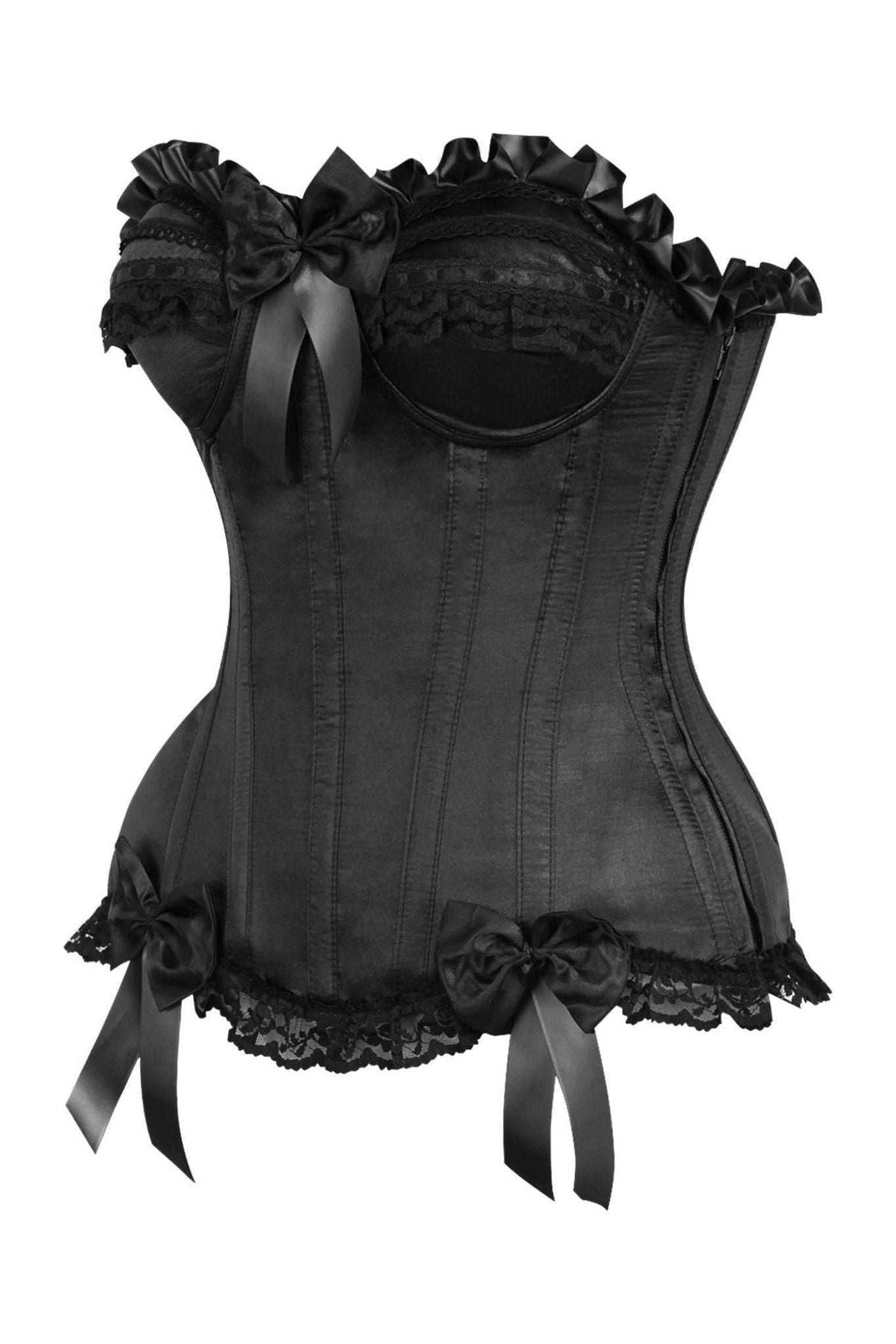 Top Drawer Black Satin Steel Boned Overbust Corset.