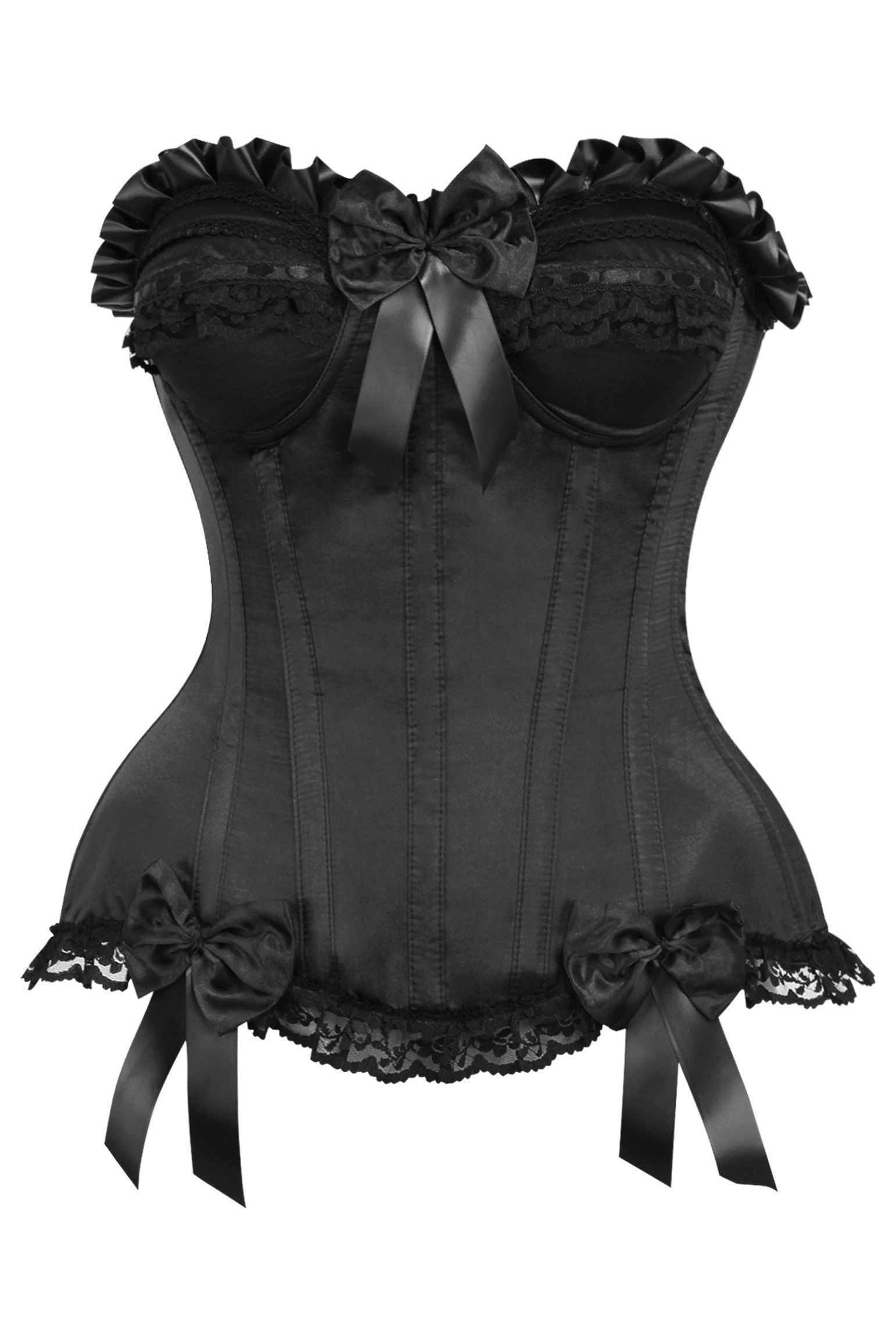 Top Drawer Black Satin Steel Boned Overbust Corset.