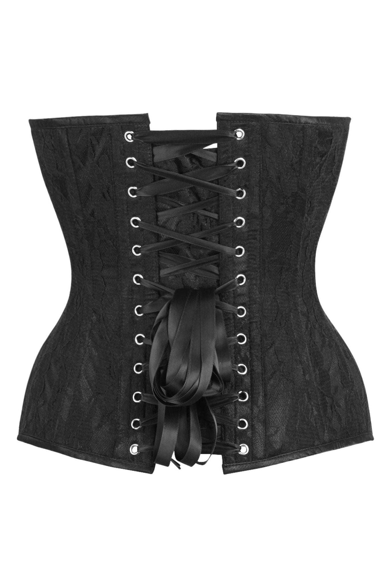 Top Drawer Black Satin w/Black Lace Overlay Steel Boned Overbust Corset.
