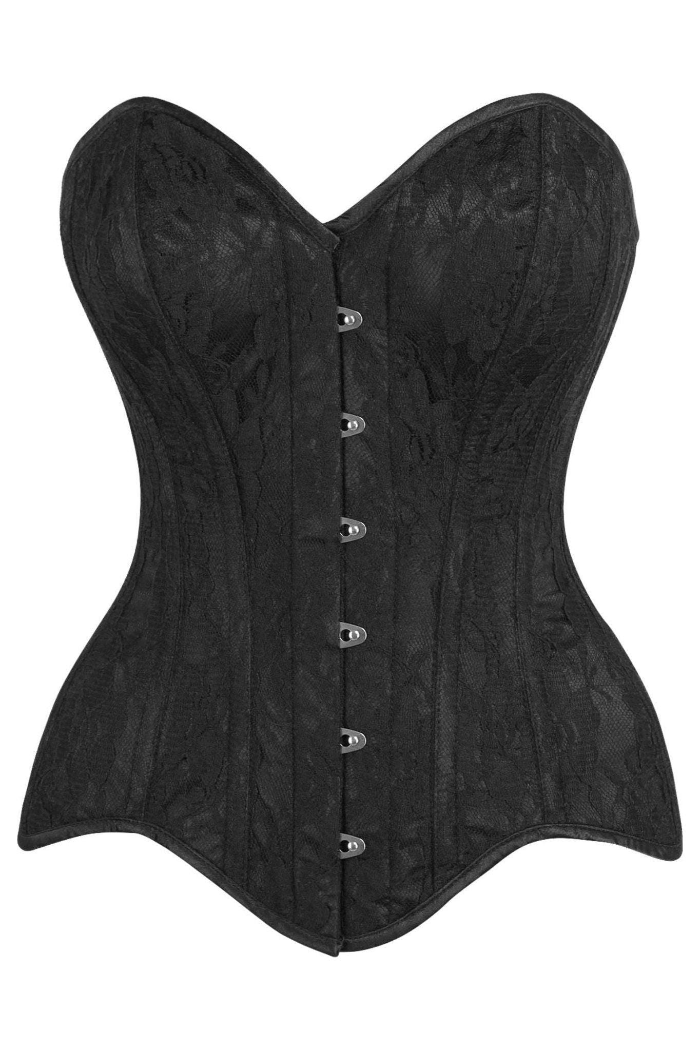 Top Drawer Black Satin w/Black Lace Overlay Steel Boned Overbust Corset.