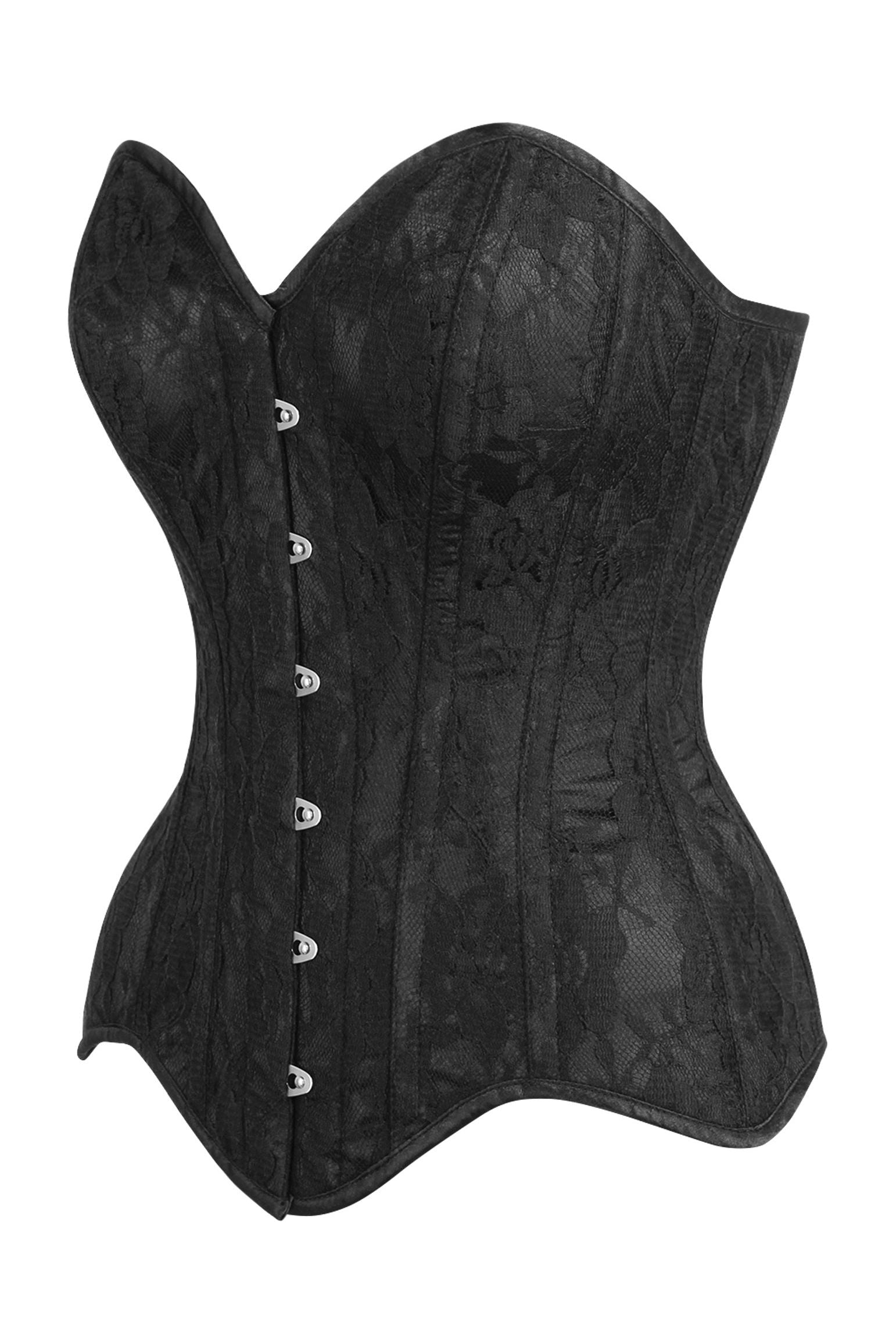 Top Drawer Black Satin w/Black Lace Overlay Steel Boned Overbust Corset.