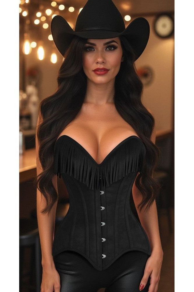 Top Drawer Black Suede Steel Boned Overbust Corset w/Fringe