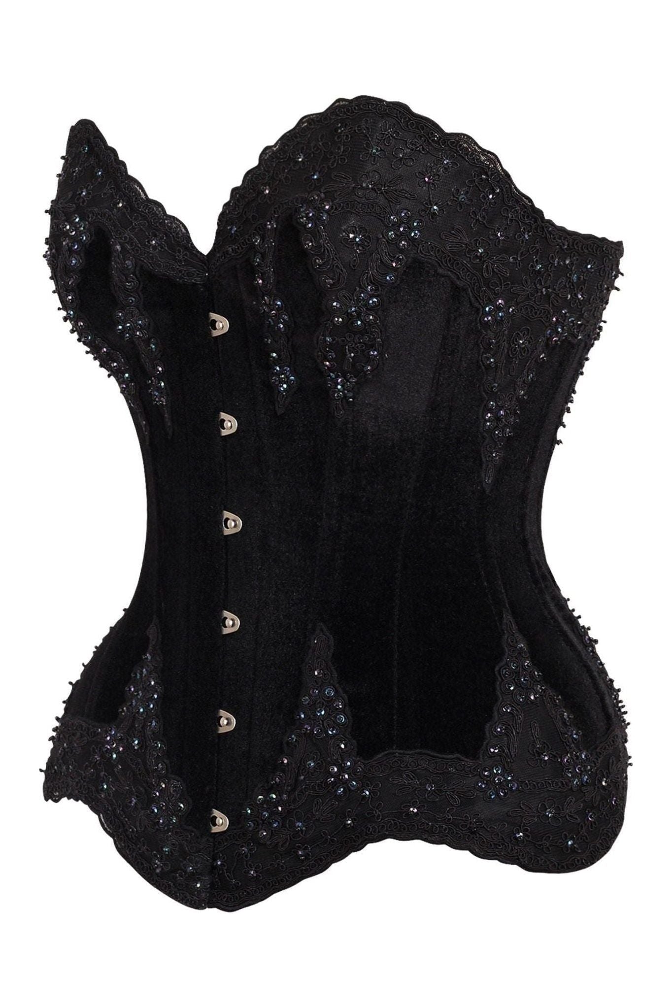 Top Drawer Black Velvet & Beaded Steel Boned Overbust Corset.