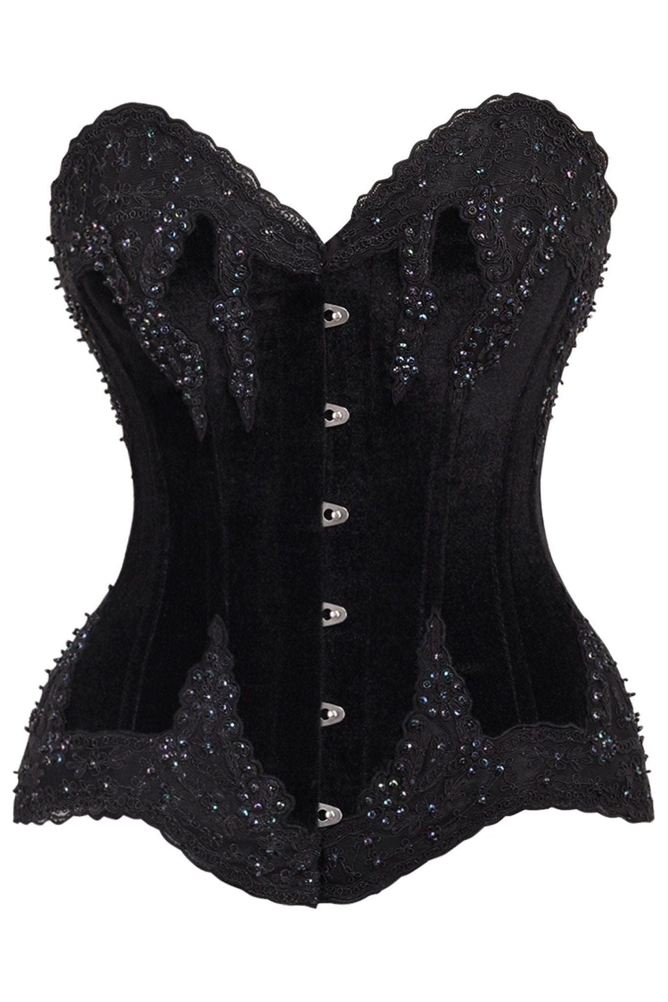 Top Drawer Black Velvet & Beaded Steel Boned Overbust Corset.