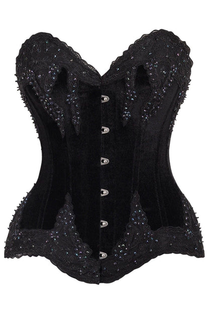 Top Drawer Black Velvet & Beaded Steel Boned Overbust Corset.