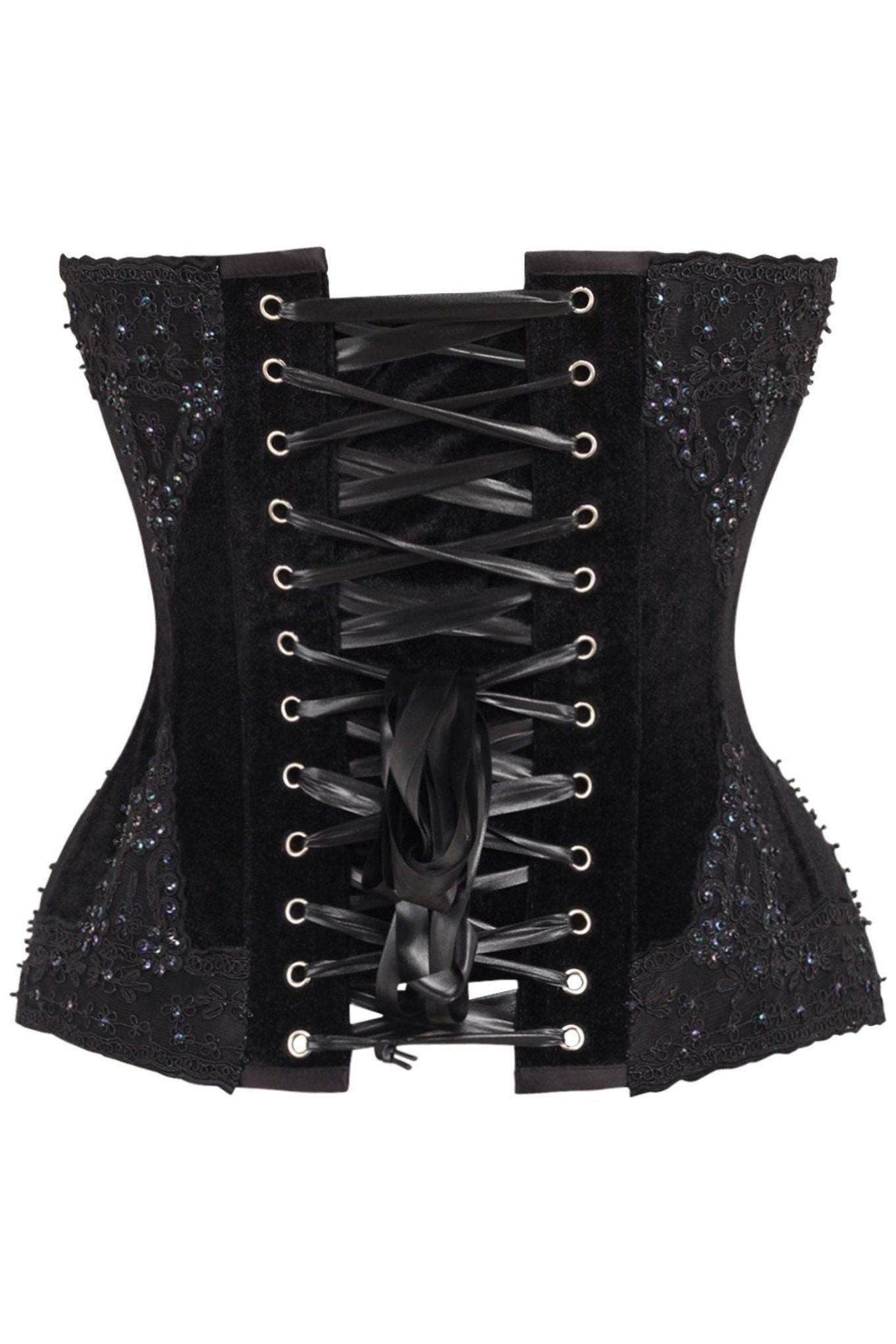 Top Drawer Black Velvet & Beaded Steel Boned Overbust Corset.