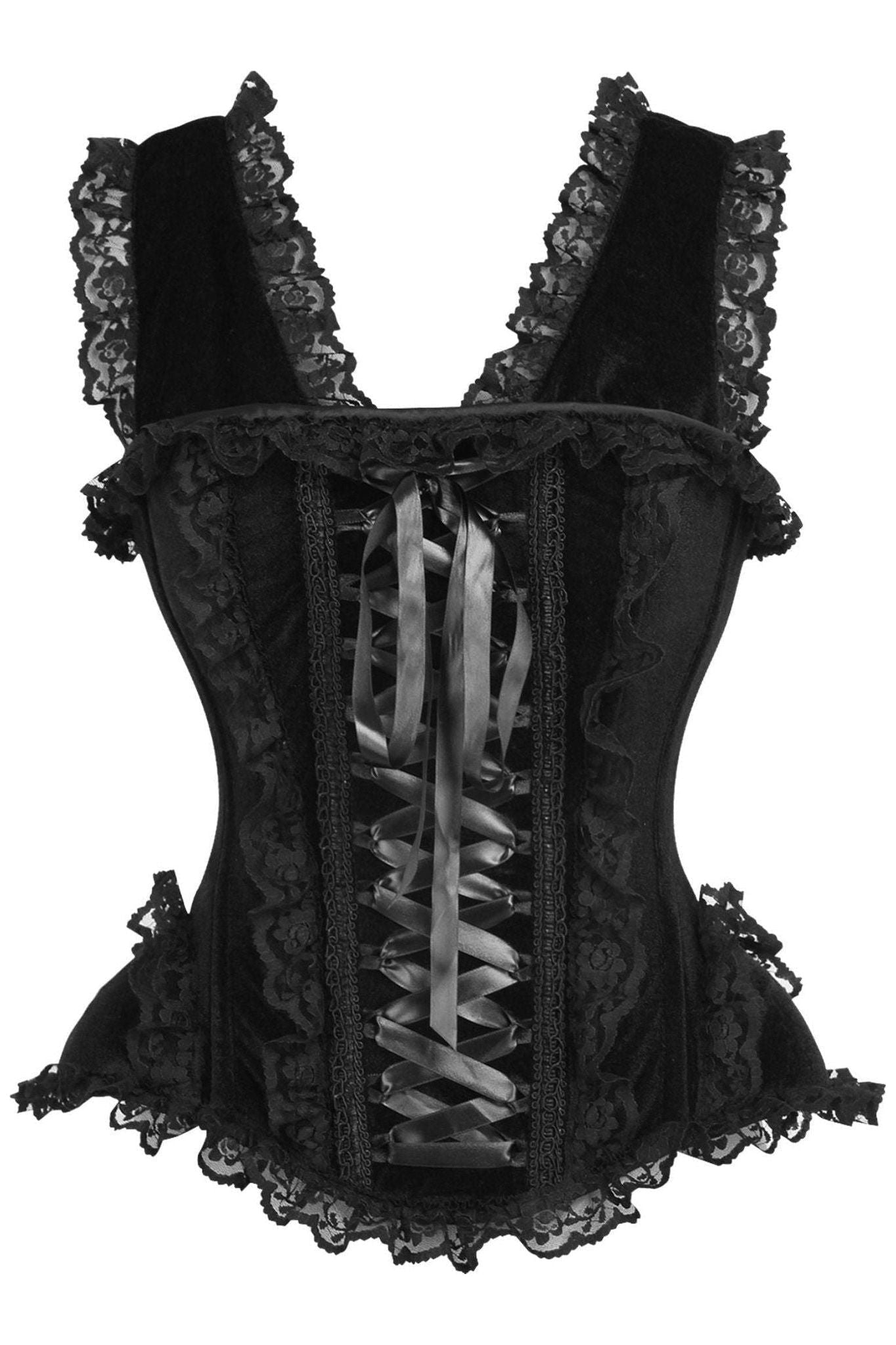 Top Drawer Black Velvet & Lace Steel Boned Corset w/Cap Sleeves.