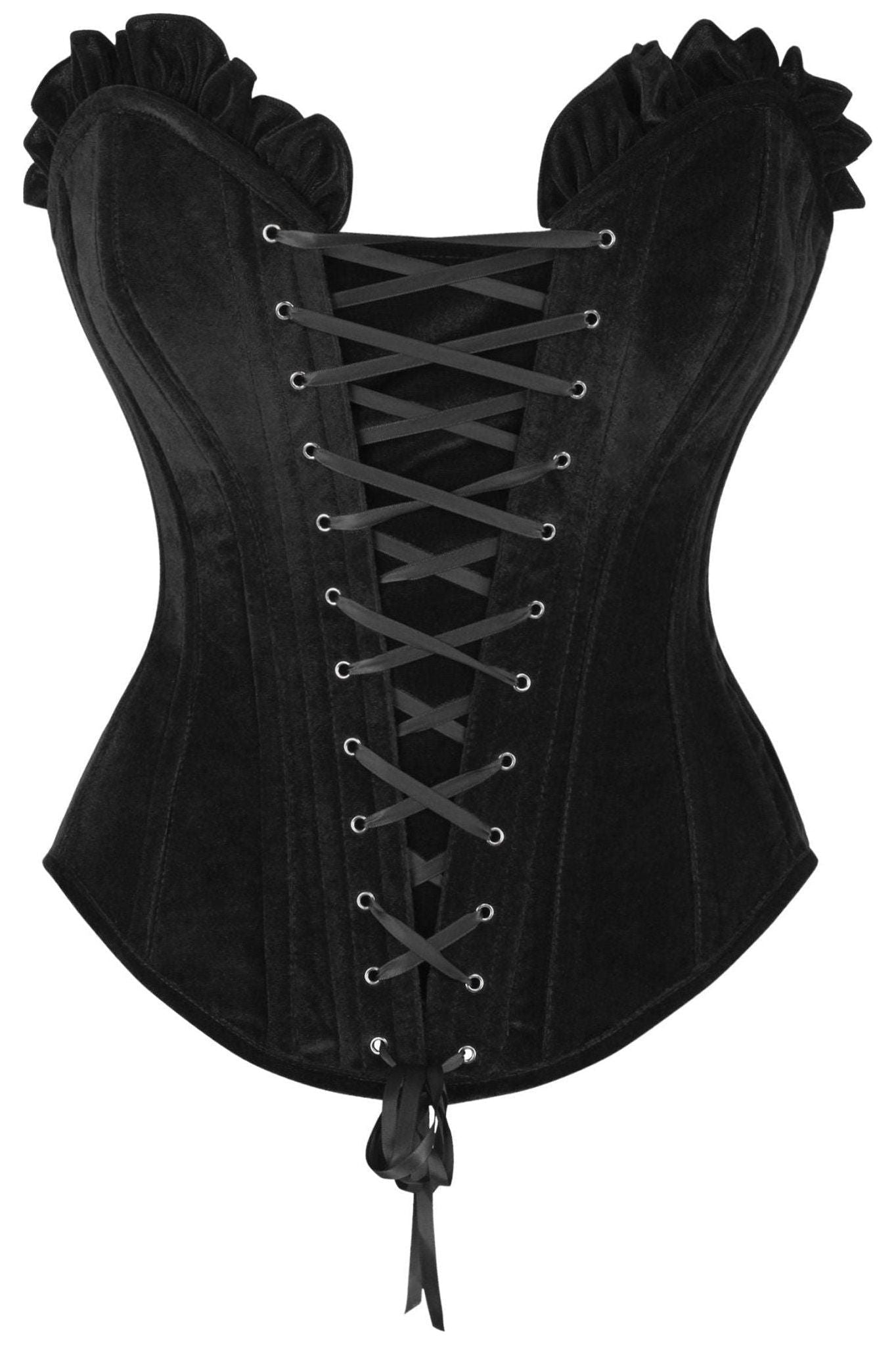 Top Drawer Black Velvet Lace-Up Steel Boned Overbust Corset.