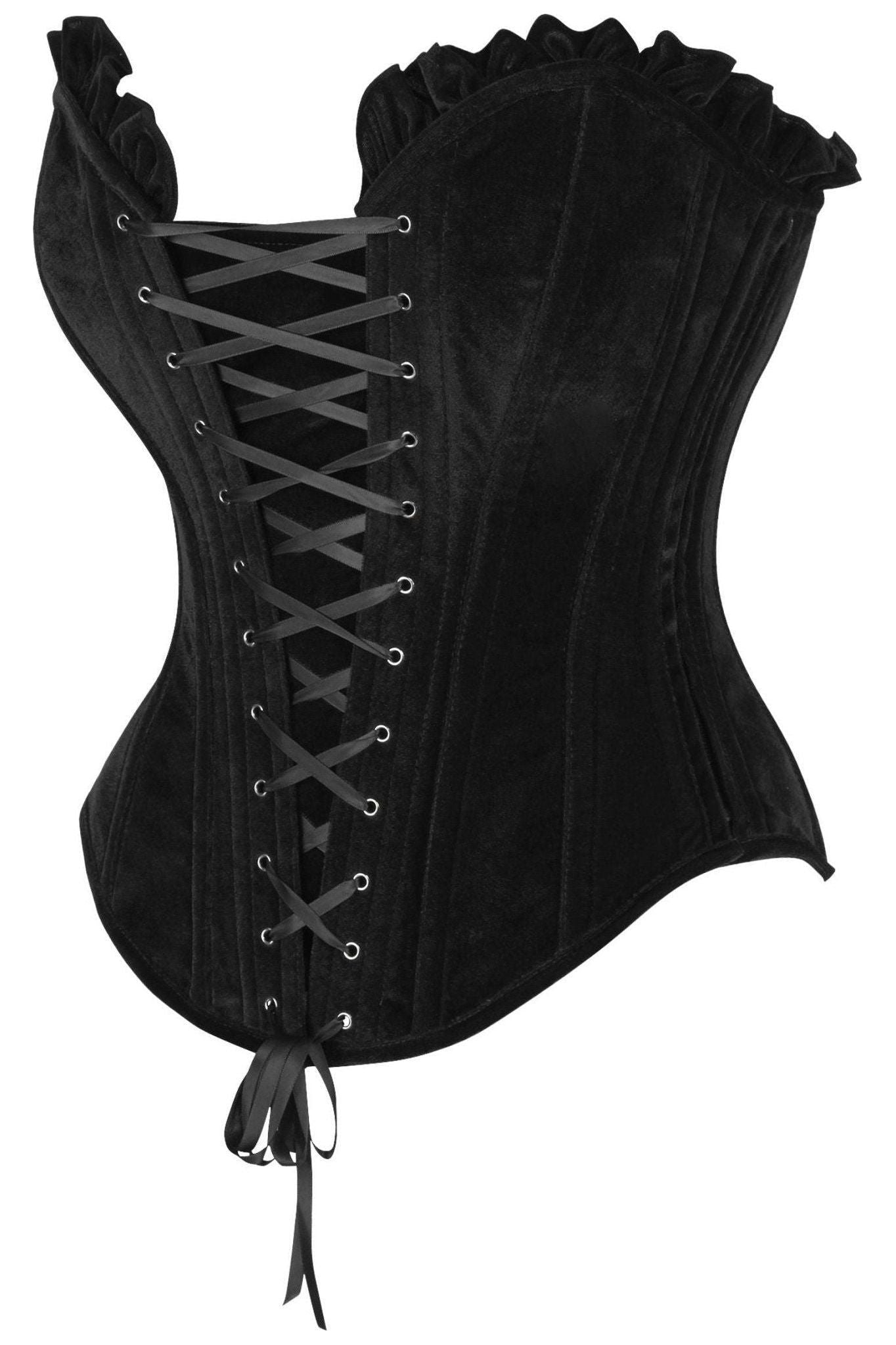 Top Drawer Black Velvet Lace-Up Steel Boned Overbust Corset.