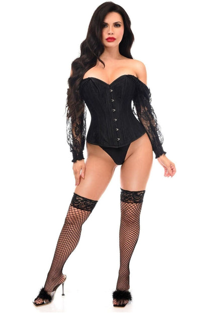 Top Drawer Black w/Black Lace Steel Boned Long Sleeve Corset.