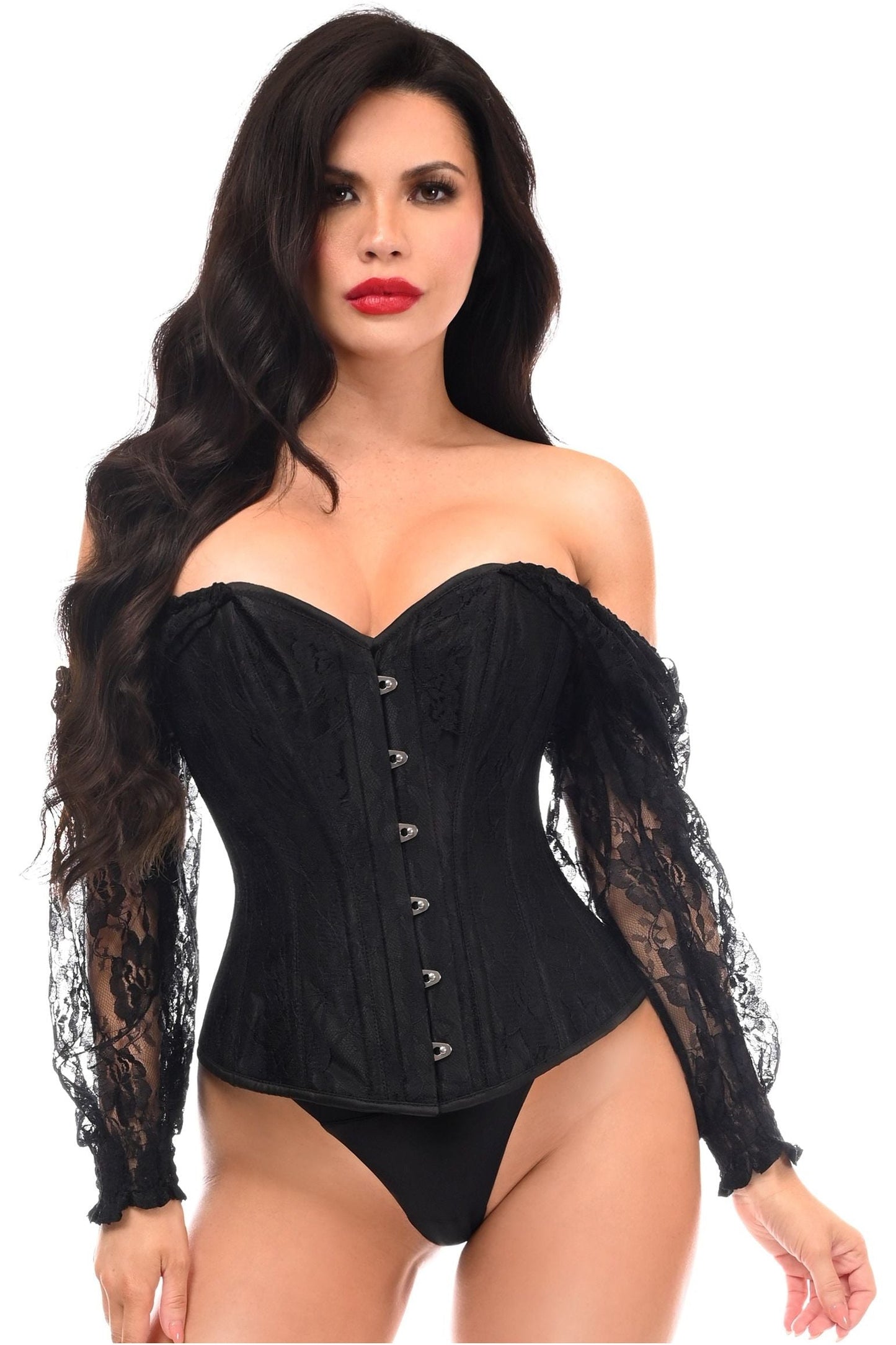 Top Drawer Black w/Black Lace Steel Boned Long Sleeve Corset.