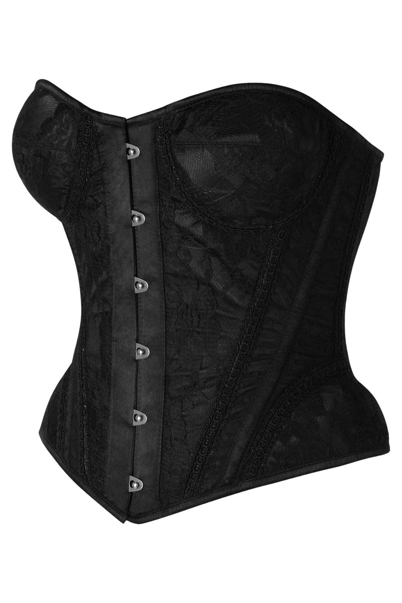 Top Drawer Black w/Black Lace Steel Boned Underwire Bustier Corset.