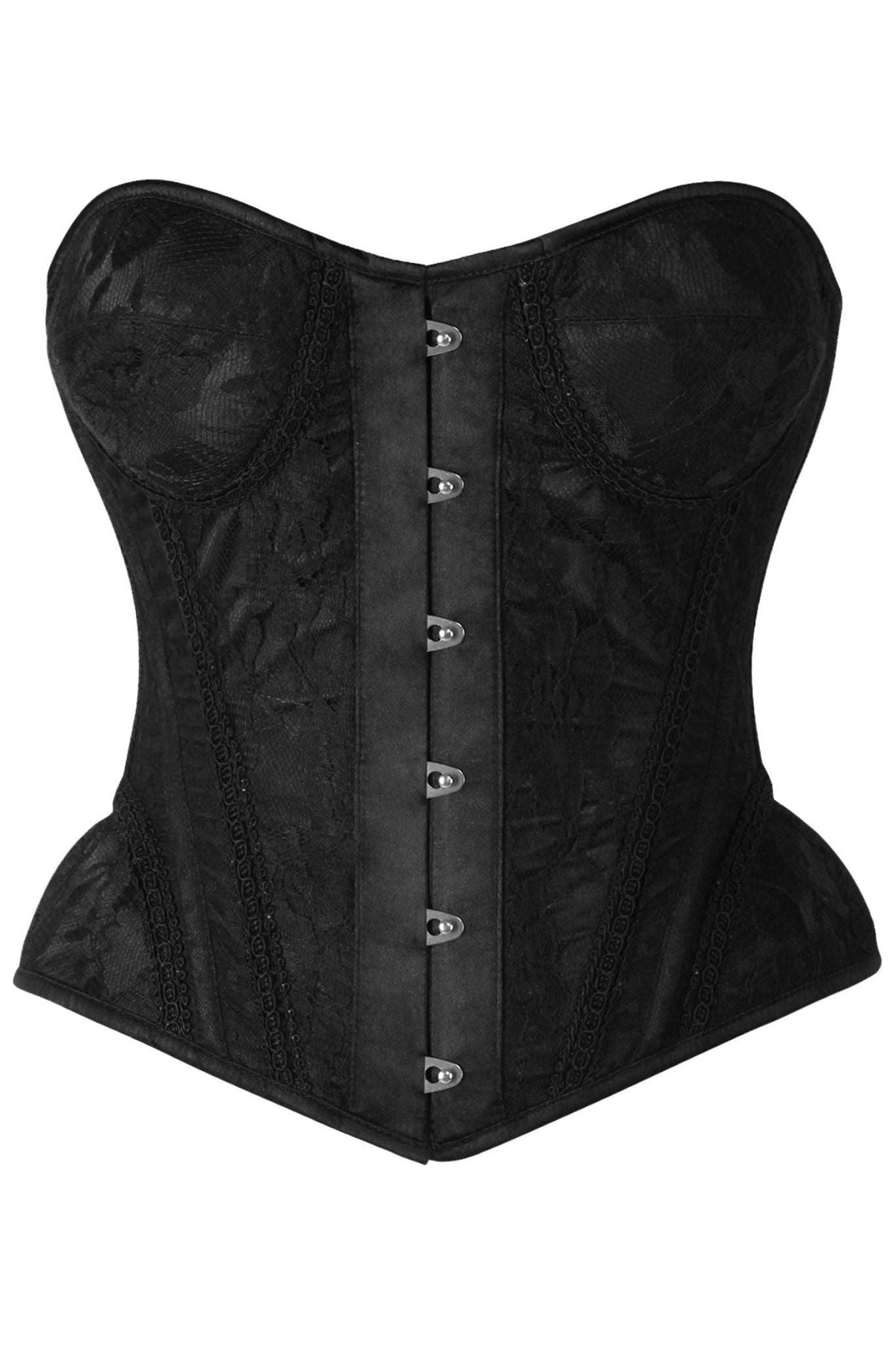 Top Drawer Black w/Black Lace Steel Boned Underwire Bustier Corset.