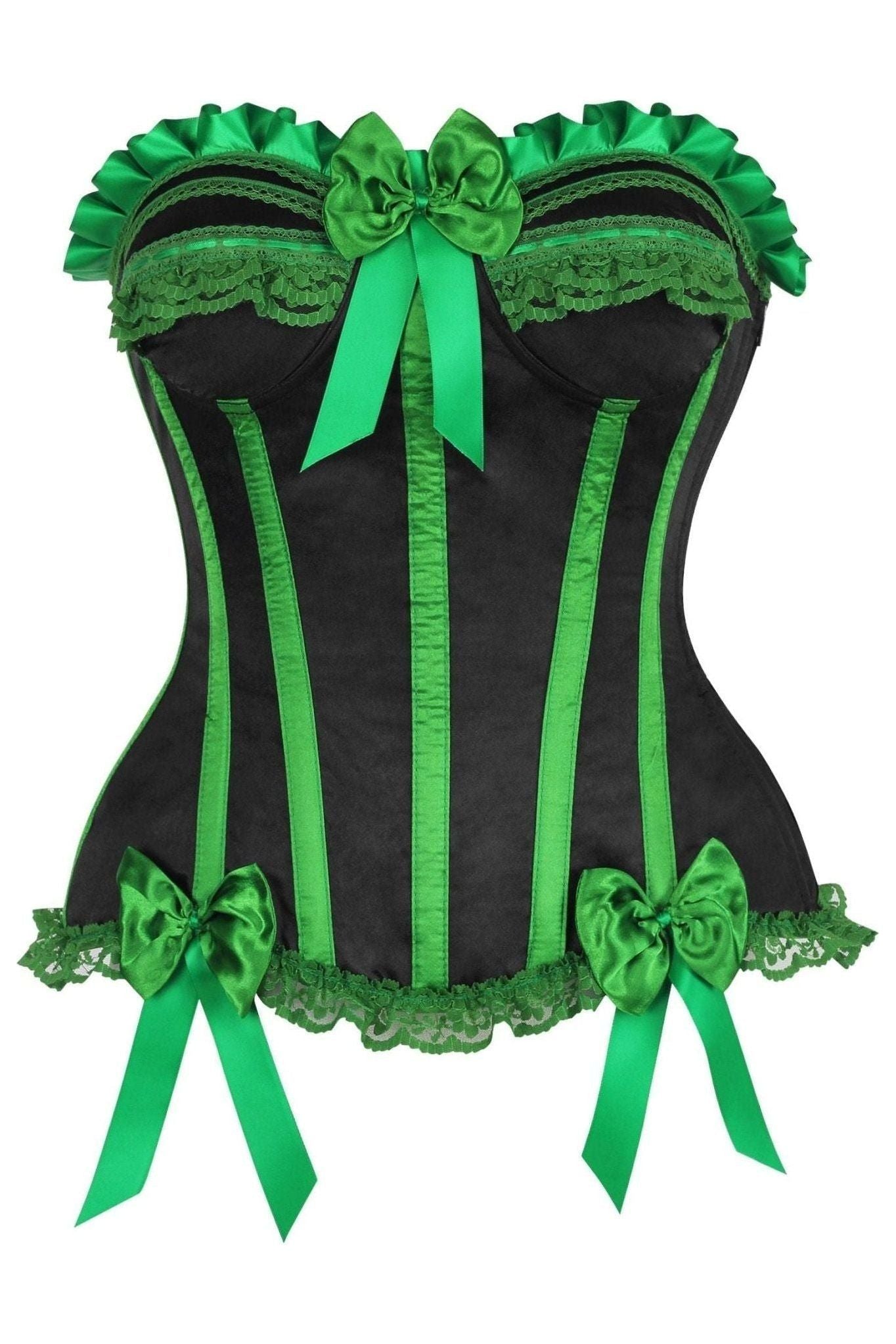 Top Drawer Black/Green Satin Steel Boned Burlesque Corset.