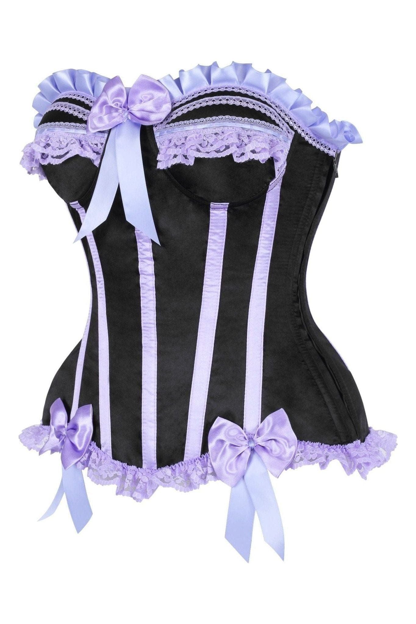 Top Drawer Black/Lavender Satin Steel Boned Burlesque Corset.