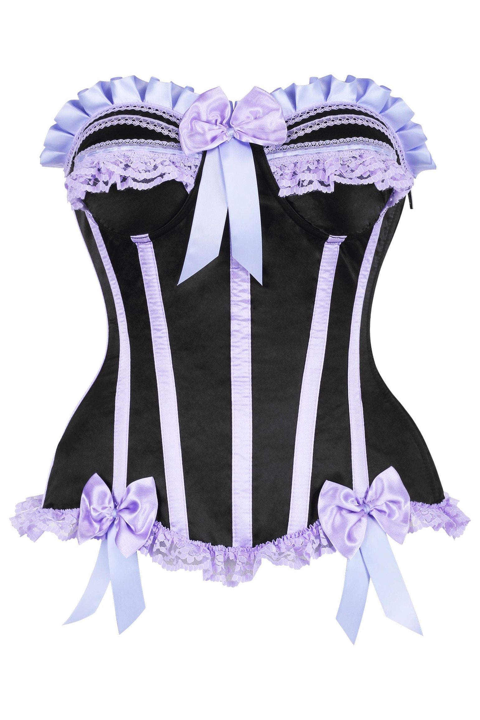 Top Drawer Black/Lavender Satin Steel Boned Burlesque Corset.