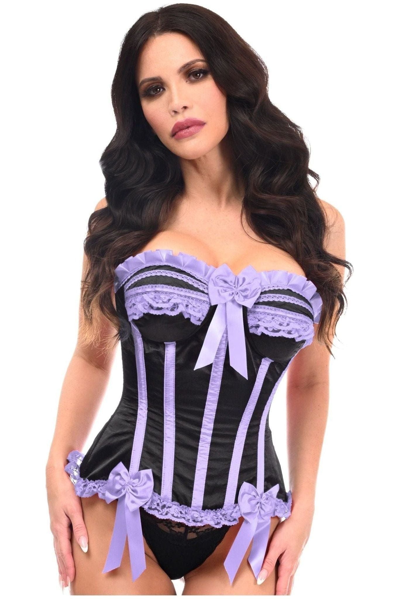 Top Drawer Black/Lavender Satin Steel Boned Burlesque Corset.