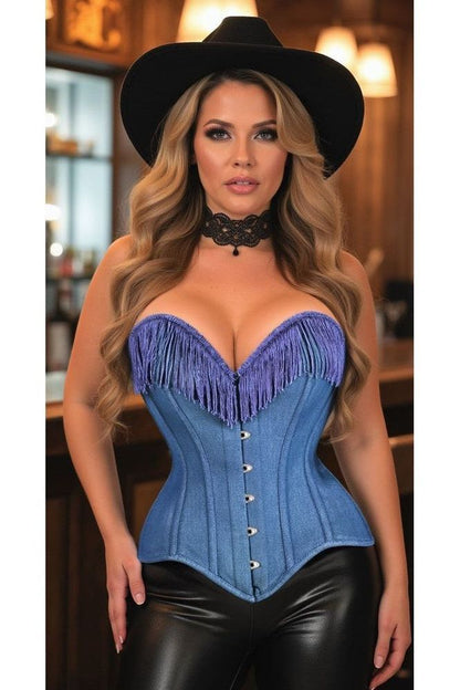 Top Drawer Blue Denim Steel Boned Overbust Corset w/Fringe