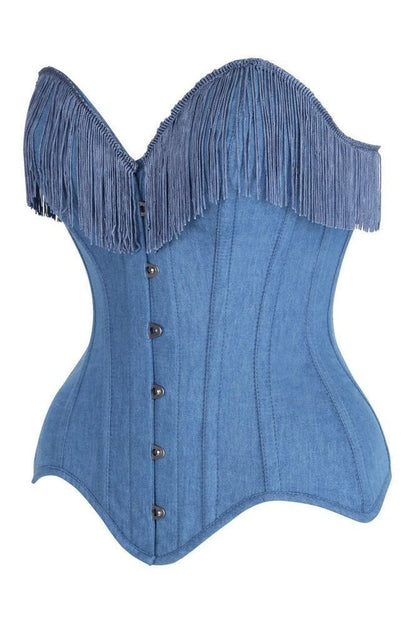 Top Drawer Blue Denim Steel Boned Overbust Corset w/Fringe