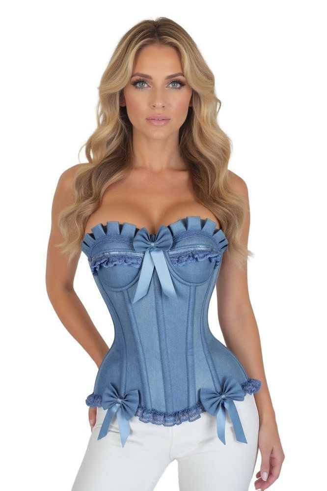 Top Drawer Blue Denim Underwire Steel Boned Burlesque Corset w/Bows