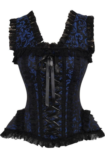 Top Drawer Blue/Black Swirl Brocade & Lace Steel Boned Corset w/Cap Sleeves