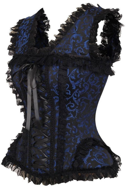 Top Drawer Blue/Black Swirl Brocade & Lace Steel Boned Corset w/Cap Sleeves