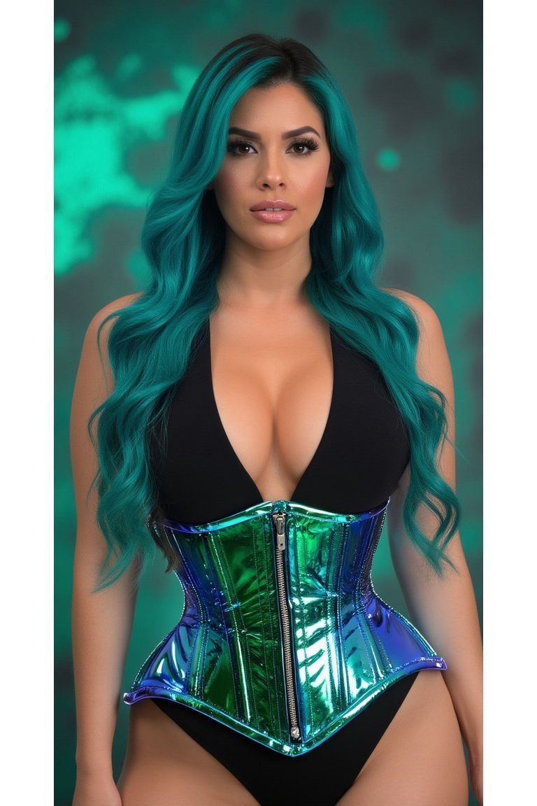 Top Drawer Blue/Teal Holo Double Steel Boned Underbust Waist Cincher Corset