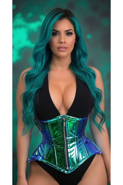 Top Drawer Blue/Teal Holo Double Steel Boned Underbust Waist Cincher Corset