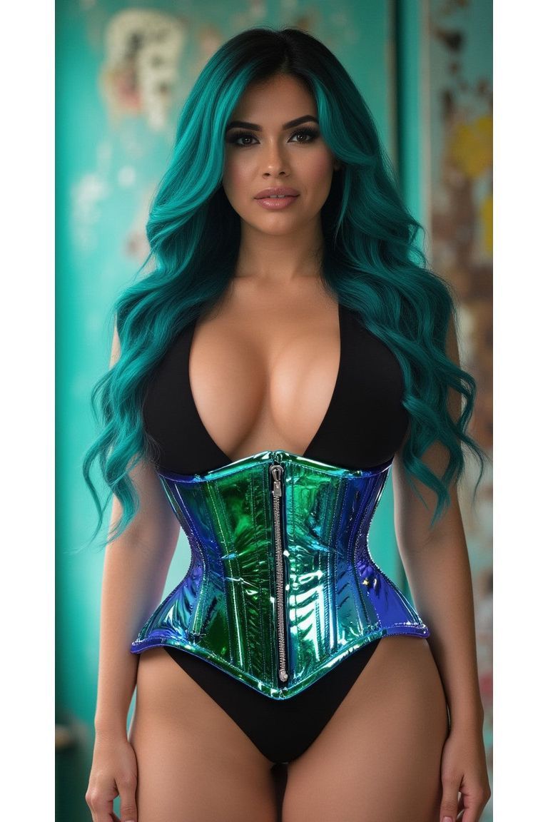 Top Drawer Blue/Teal Holo Double Steel Boned Underbust Waist Cincher Corset