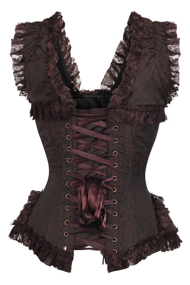 Top Drawer Brown Swirl Brocade & Lace Steel Boned Corset w/Cap Sleeves