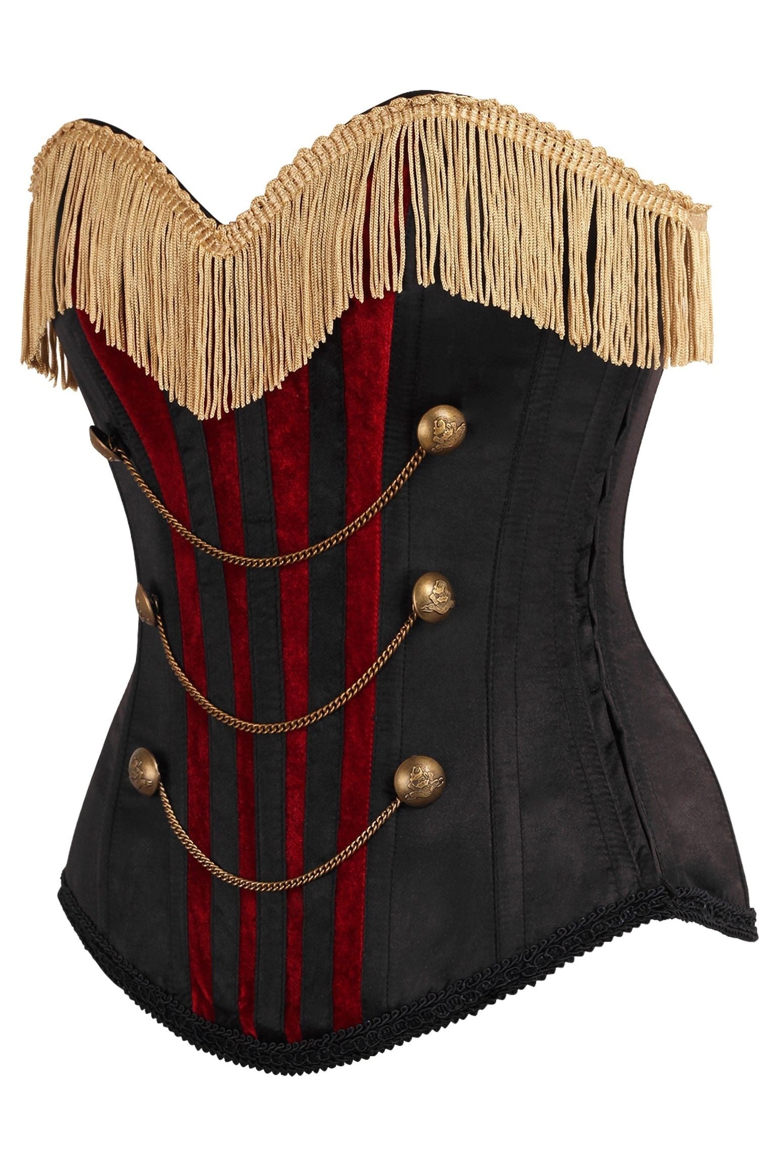 Top Drawer Burlesque Black/Dark Red Steel Boned Corset w/Gold Fringe.