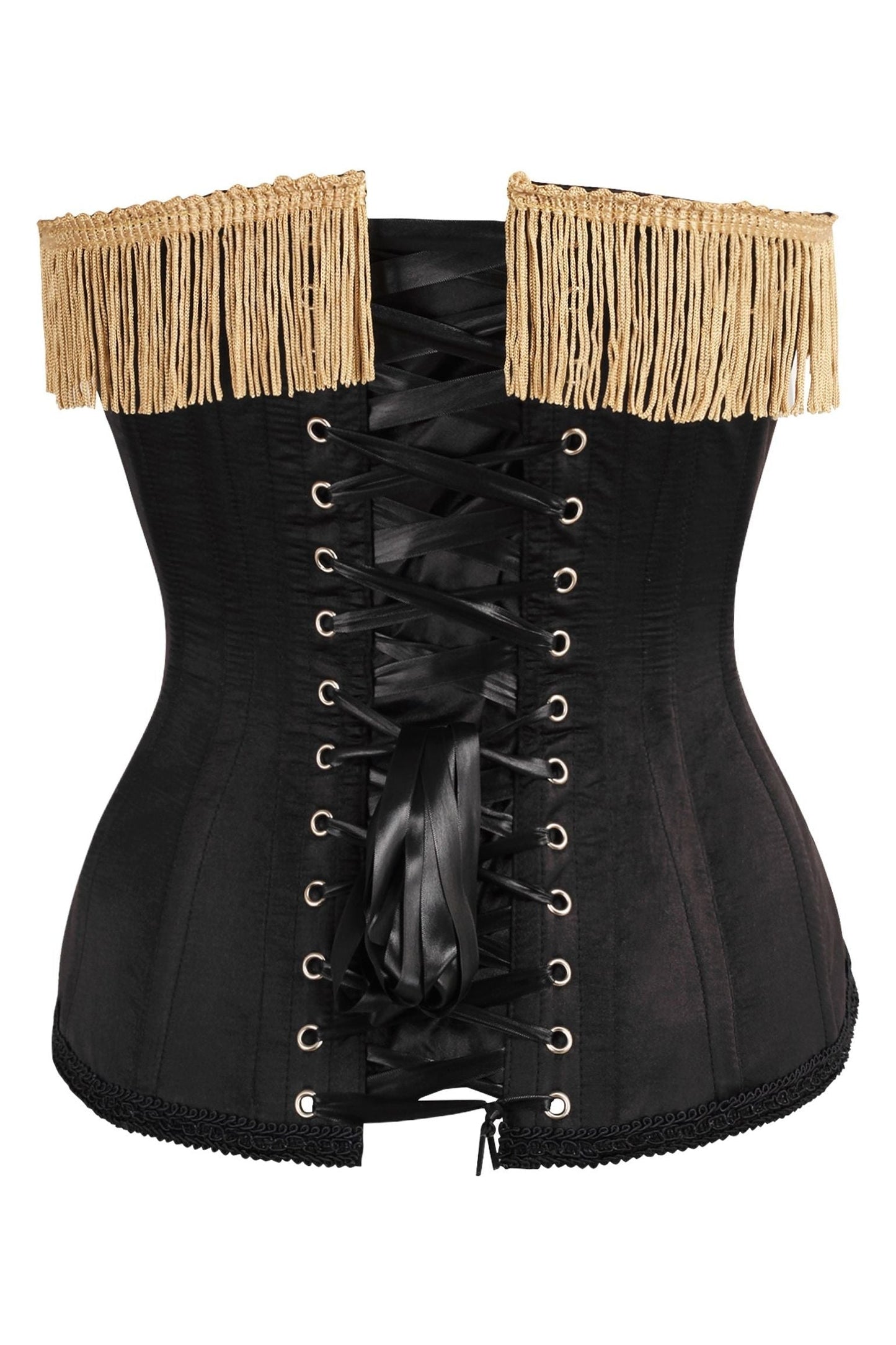 Top Drawer Burlesque Black/Dark Red Steel Boned Corset w/Gold Fringe.