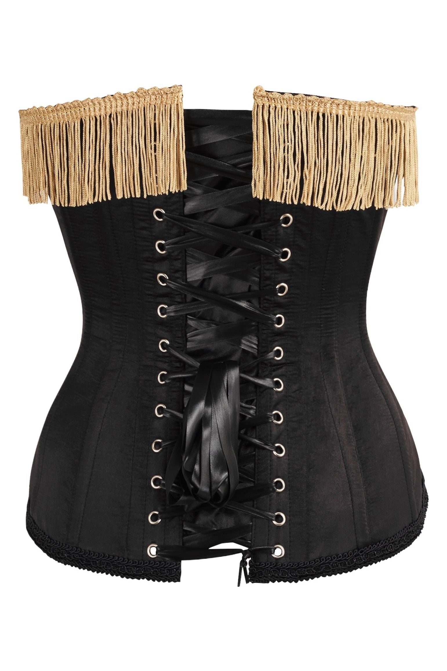 Top Drawer Burlesque Black/Dark Red Steel Boned Corset w/Gold Fringe.
