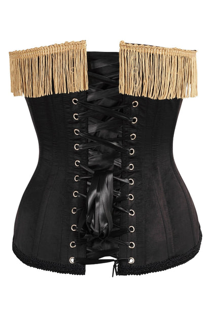 Top Drawer Burlesque Black/Dark Red Steel Boned Corset w/Gold Fringe.