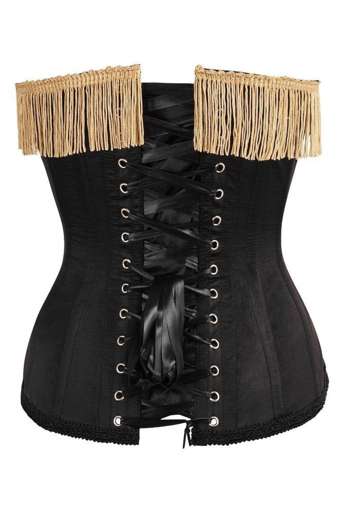 Top Drawer Burlesque Black/Dark Red Steel Boned Corset w/Gold Fringe