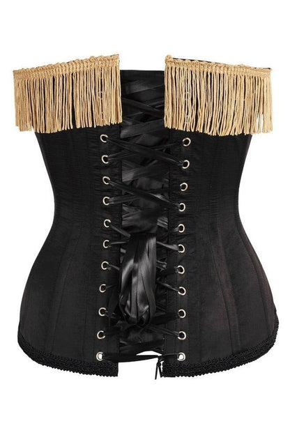 Top Drawer Burlesque Black/Dark Red Steel Boned Corset w/Gold Fringe