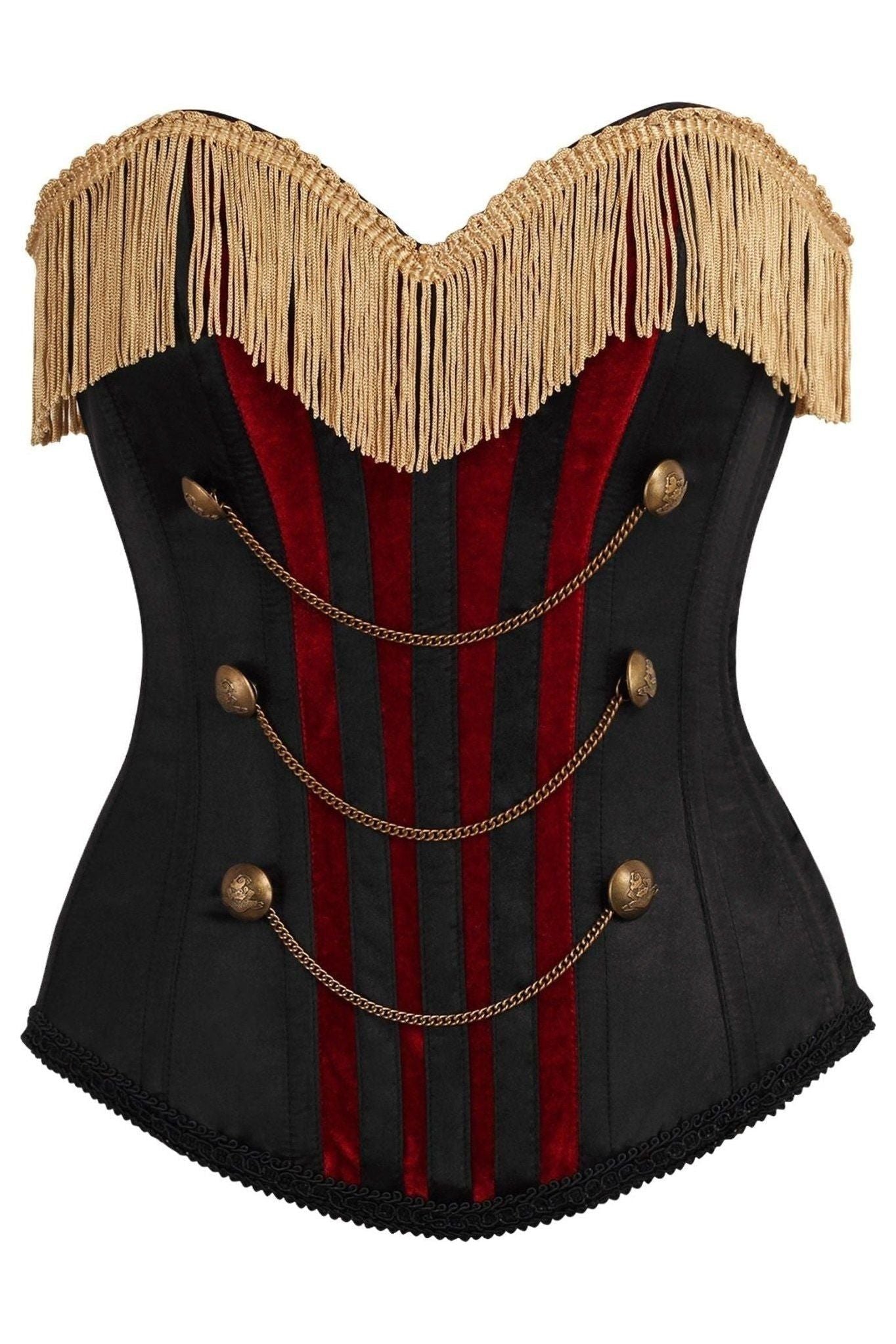 Top Drawer Burlesque Black/Dark Red Steel Boned Corset w/Gold Fringe.