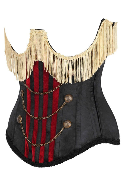 Top Drawer Burlesque Underbust Black/Dark Red Steel Boned Corset w/Gold Fringe.