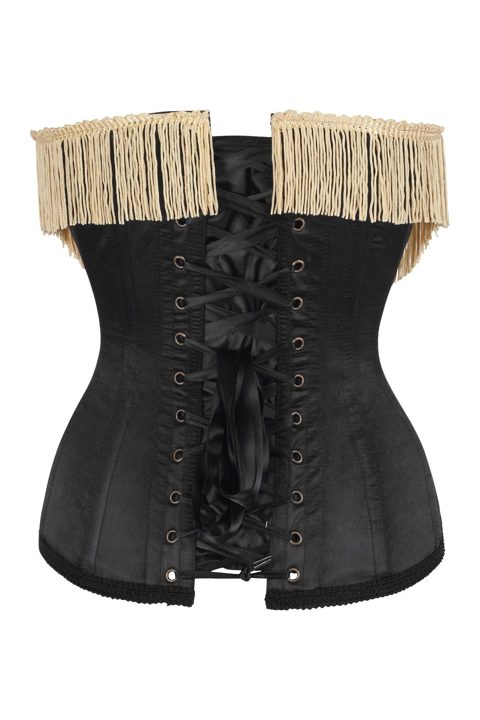 Top Drawer Burlesque Underbust Black/Dark Red Steel Boned Corset w/Gold Fringe.