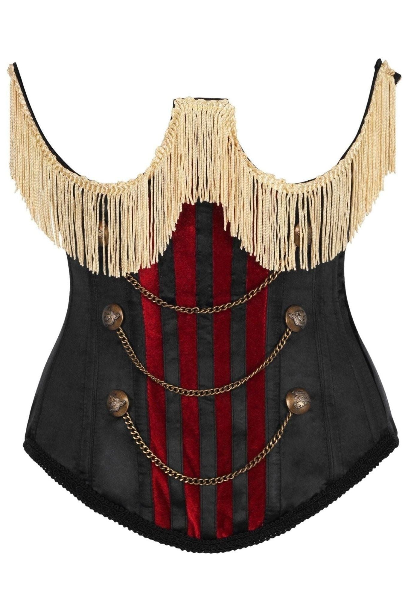 Top Drawer Burlesque Underbust Black/Dark Red Steel Boned Corset w/Gold Fringe.