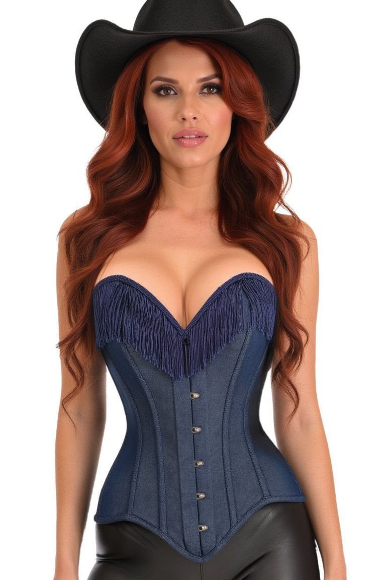 Top Drawer Dark Blue Denim Steel Boned Overbust Corset w/Fringe