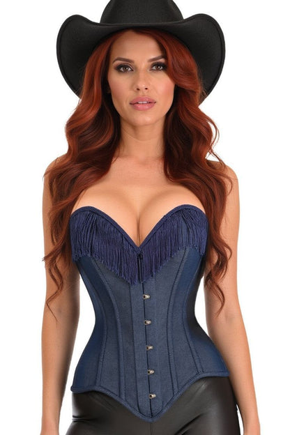 Top Drawer Dark Blue Denim Steel Boned Overbust Corset w/Fringe