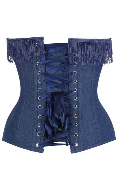 Top Drawer Dark Blue Denim Steel Boned Overbust Corset w/Fringe