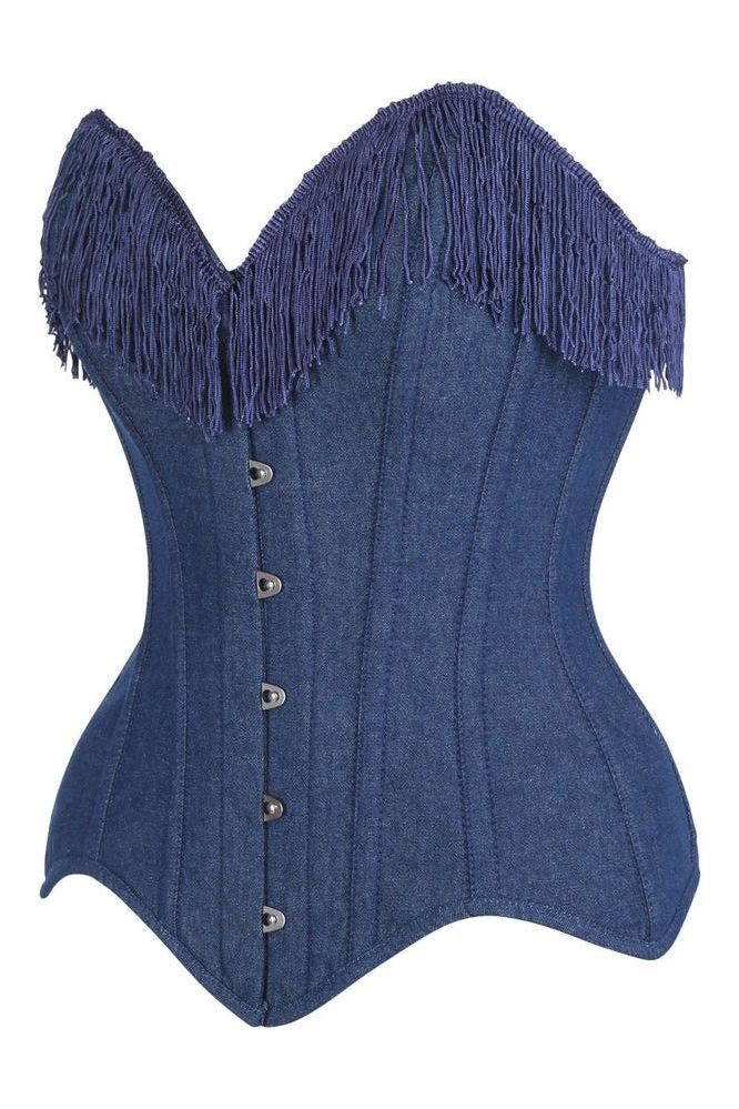 Top Drawer Dark Blue Denim Steel Boned Overbust Corset w/Fringe